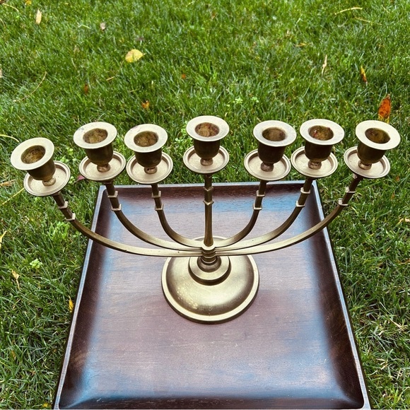 Vintage Solid Brass Mid Century Candelabra  | Menorah 7 Arm Candle Holder - Picture 3 of 9